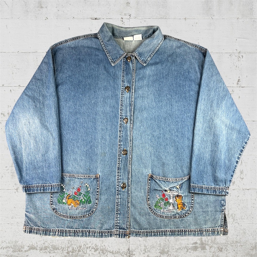 Distressed Denim Chore Jacket Womens 2XL Blue Embroidered Cat Garden Cottagecore
